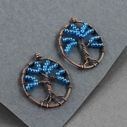 Copper and Blue Glass Tree Earrings
