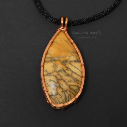 Copper wire wrapped Dendritic Opalite on black leather necklace