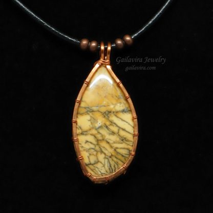 Copper wire wrapped Dendritic Opalite on black leather necklace