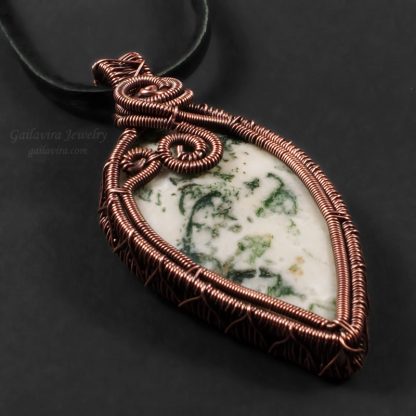 White and green Tree Agate set in a copper wire wrapped pendant