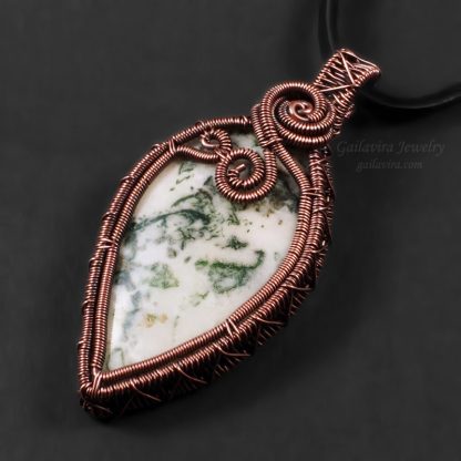 White and green Tree Agate set in a copper wire wrapped pendant