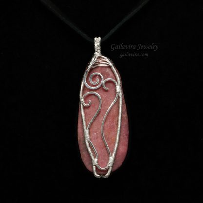 Rhodonite and fine silver wire wrapped necklace pendant