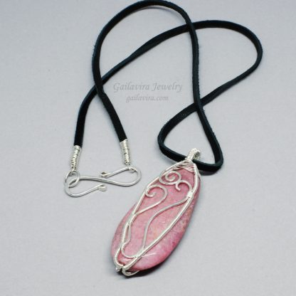 Rhodonite and fine silver wire wrapped necklace pendant
