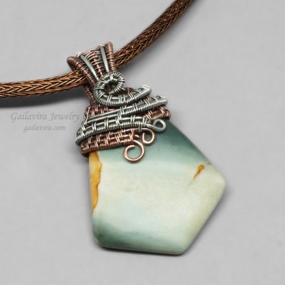 Copper and Sterling Silver Wrapped Green jasper Necklace