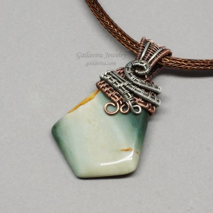 Copper and Sterling Silver Wrapped Green jasper Necklace