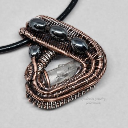 Sterling silver, copper, hematite and quartz crystal point mini heady wire wrap pendant.